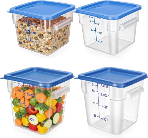 Lallisa 4 recipientes transparentes de almacenamiento de alimentos de 8 cuartos y 4 cuartos con tapas, asas y escalas, recipientes cuadrados de