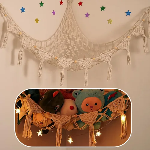 Miniatura 18 de Hamaca para Animales de Peluche de Esquina - 142 cm Jumbo Hecha a Mano de 5mm de Doble Cordón de Macramé para Almacenamiento de Animales de Peluche