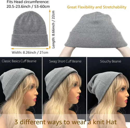 Miniatura 5 de Gorro de punto 100% de algodón para mujeres y hombres, gorro de invierno holgado con puños para mujer, gorro de esquí cálido