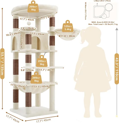 Miniatura 6 de Heybly Árbol para gatos, torre estable de esquina de 53.1 pulgadas para gatos grandes de interior, condominio para gatos bien estructurado