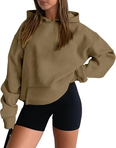 Miniatura 21 de onlypuff Sudadera casual con capucha para mujer, de manga larga, con bolsillo de canguro, hombro caído