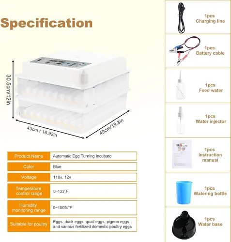 Miniatura 5 de Incubadora inteligente de 120 huevos, control de temperatura y humedad, pantalla LED, vela integrada, llenado de agua externo y potencia dual