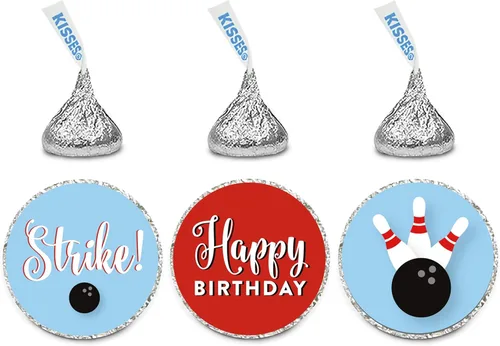 Andaz Press Trío de etiquetas de gota de chocolate para cumpleaños, se adapta a recuerdos de fiesta de besos, Bowling Strike!, paquete de 216