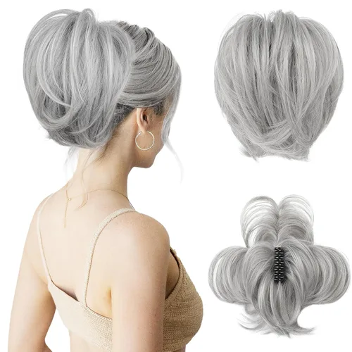 Miniatura 22 de HOOJIH - Pieza de cabello con moño desordenado, clip de garra en moño de cabello liso de 9 pulgadas, extensión de cola de caballo corta con alambre