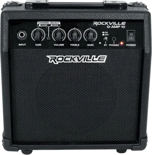 Rockville G-AMP - Amplificador de guitarra de 10W con Bluetooth, modos limpio/distorsión, altavoz de 6", ecualizador de 2 bandas, salida de