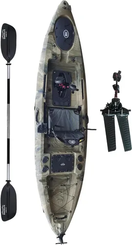BKC Brooklyn 12.0 Pro - Kayak de pesca individual de 12 pies manos libres, dirección de timón, casco de 70 libras, almacenamiento hermético y