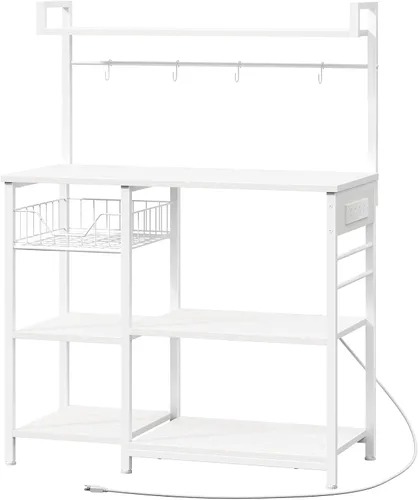 Miniatura 11 de HOOBRO Estante de Panadero de Cocina con Toma de Corriente, Barra de Café, Soporte para Horno de Microondas con Canasta de Malla, Estación de Café