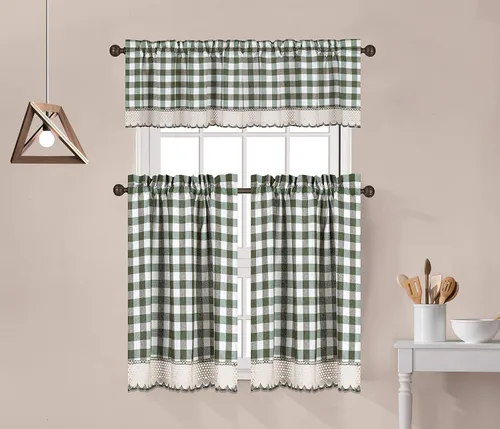 Decotex Juego de 3 cortinas y cenefa de cocina con adornos de encaje de ganchillo a cuadros de búfalo (36 pulgadas con cenefa de 14 pulgadas,