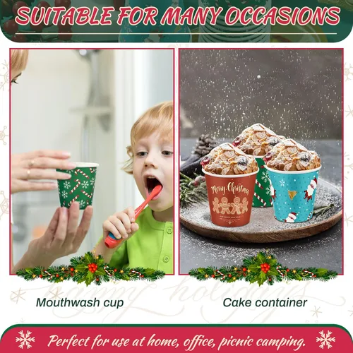 Miniatura 6 de Cunhill Paquete de 600 vasos de papel de Navidad de 3 onzas, pequeños vasos desechables para baño con diseño de copos de nieve de Papá Noel y pan