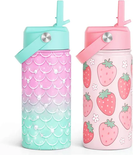 Miniatura 9 de SANDJEST Botella de Agua para Niños con Tapa de Pajita - 12 Oz Botella de Acero Inoxidable Aislada con Dibujo de Animales para Niños y Niñas - Taza