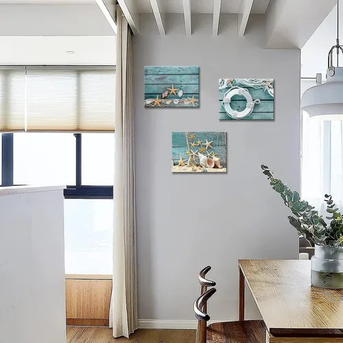 Miniatura 5 de Biuteawal - 3 piezas de lienzo para pared, diseño de concha de estrella de mar sobre tablero verde azulado, impresiones de playa, naturaleza, lienzo