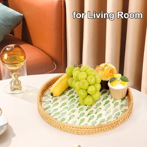 Miniatura 8 de Bandeja redonda de ratán con incrustaciones de nácar, bandeja de ratán para café, pan, frutas, bandeja decorativa de mimbre para decoración de mesa