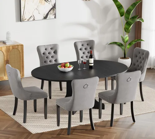 Miniatura 60 de Juego de mesa de comedor de mármol sintético blanco para 6 personas, juego de mesa de comedor extensible de 7 piezas de 63 a 78.74 pulgadas con 6