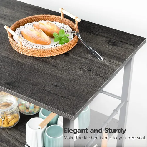 Miniatura 8 de HOOBRO Isla de cocina con almacenamiento, isla de cocina industrial sobre ruedas y recintos laterales, carrito de cocina de 3 niveles con estación