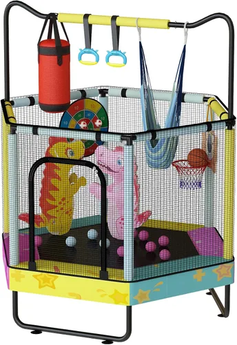Miniatura 13 de Lamerge Kids Trampoline, Toddler Bouncing Trampoline with Safety Enclosure Net, ASTM-Approved, 500lbs Capacity, Ages 1-8, Adjustable Handrail