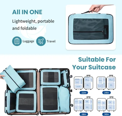 Miniatura 7 de Juego de 8 juegos6 juegos4 cubos de compresión para viajes, artículos esenciales ligeros de viaje para vacaciones, accesorios de viaje para maleta