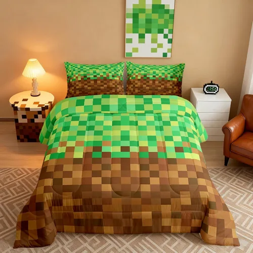 Miniatura 36 de Pixelated Miners - Juego de edredón para niños, tamaño individual, juego de ropa de cama de videojuegos a cuadros geométricos para adolescentes