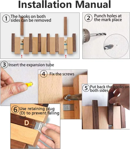 Miniatura 5 de Perchero de Pared de Madera, Perchero de Pared de Madera con 6 Ganchos Magnéticos Abatibles Piano Perchero de Pared para Entrada, Baño, Dormitorio