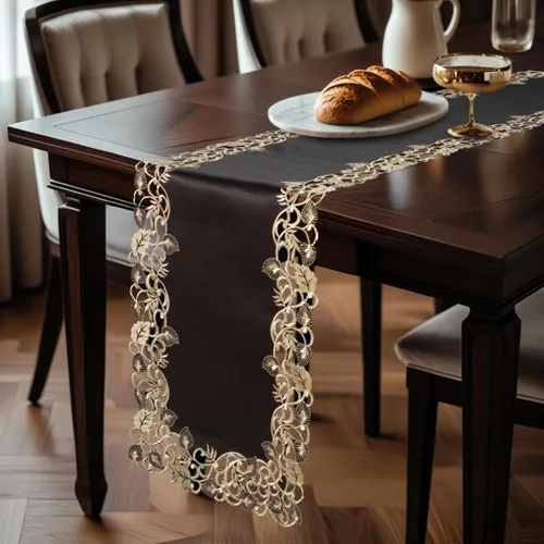 Miniatura 3 de DECOZEN Camino de mesa navideño de encaje dorado negro – Bufanda bordada para comedor y tocador para mesas de vacaciones, bodas y fiestas – 14 x 108