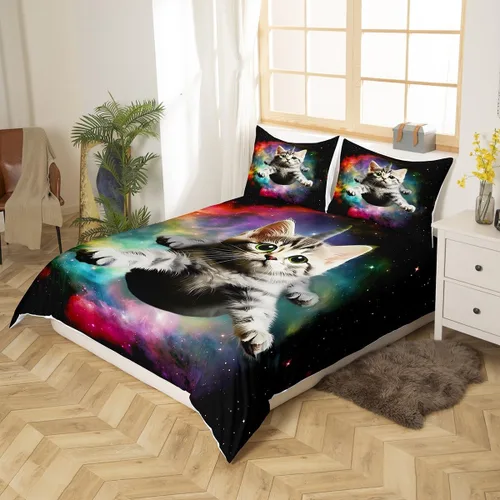 Miniatura 2 de Funda de edredón con diseño de gato de galaxia para mujeres y niñas, de microfibra de 66 x 90 pulgadas, diseño digital 3D, funda de edredón