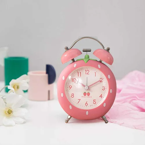 Miniatura 2 de Bonito reloj despertador de fresa de 4 pulgadas para personas que duermen con luz de fondo, reloj despertador de campana doble ruidosa para niños