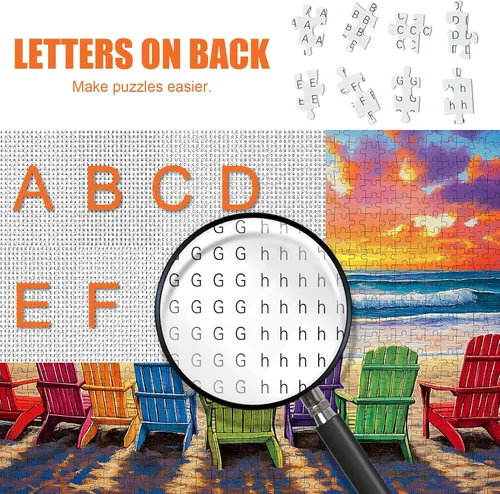 Miniatura 5 de Rompecabezas de playa para adultos de 1000 piezas – Coloridos rompecabezas de playa, silla de descanso, rompecabezas de verano con letras