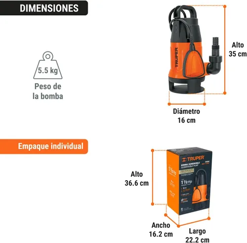 Miniatura 3 de Truper Bomba sumergible para agua sucia 900W, interruptor de flotador, conector de plástico con adaptador de manguera, #12604