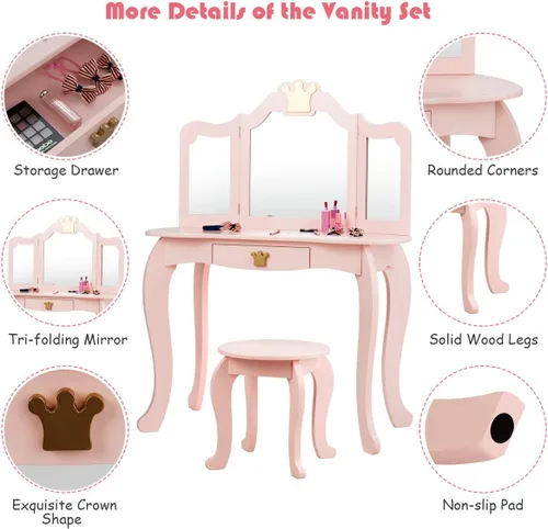 Miniatura 3 de Costzon Juego de Mesa y Silla de Tocador para Niños, Mesa de Maquillaje Princesa con Cajón y Espejo de Tres Pliegues, Juego de Tocador 2 en 1