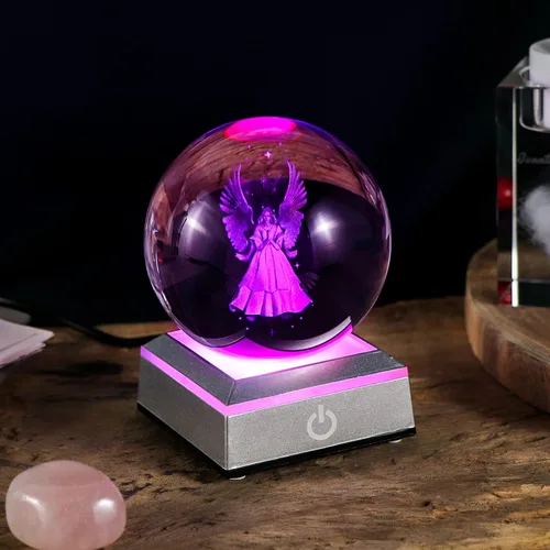 Miniatura 2 de Figuras de ángel de la guarda 3D K9 bola de cristal con base LED plateada, regalos de ángel conmemorativo para amigas y mujeres, decoración