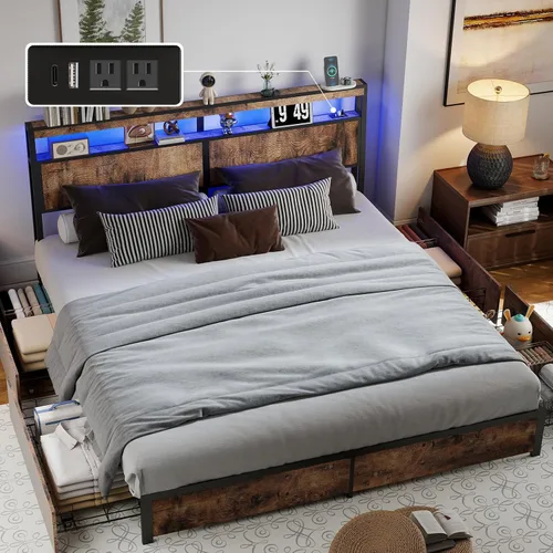 Miniatura 11 de Full Bed Frame with 2-Tier Storage Headboard and 4 Drawers, Metal Platform Bed Frame with LED & Charging Station, No Box Spring Needed/Noise