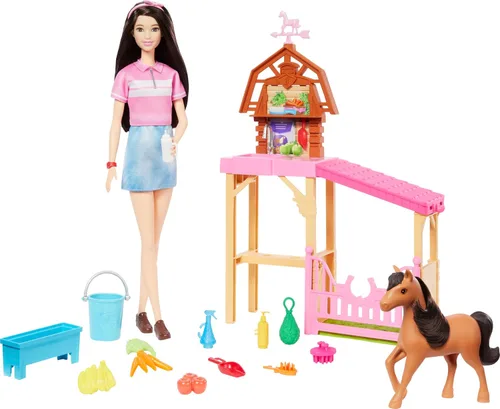Conjunto de juego de establo de juguetes Barbie con muñeca de moda, poni pequeño y más de 10 accesorios, inspirado en Misterios: La Gran Carrera de