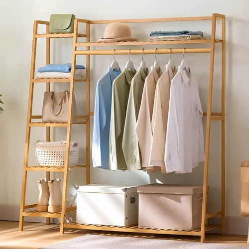Miniatura 4 de Percheros de madera para colgar ropa, estante de ropa de bambú con estantes, organizador de armario con zapatero, para pasillo, sala de estar