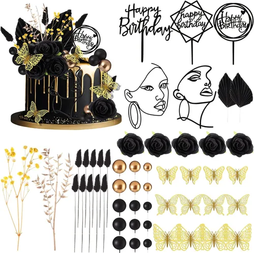 MTLEE 51 piezas de decoración bohemia negra para tartas, decoración vintage de rosas artificiales, hierba de pampas, acrílico, arte minimalista,