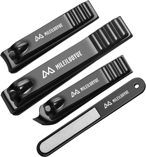 Juego de cortaúñas de acero inoxidable negro y cortauñas oblicuo afilado y lima de uñas, 4 piezas, hombres y mujeres, adecuado para regalos.