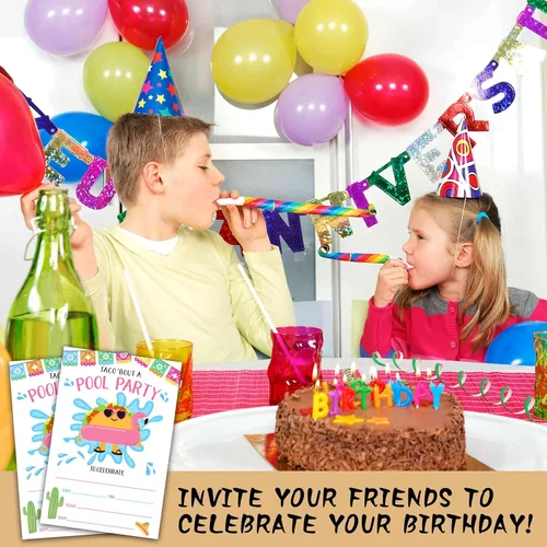 Miniatura 4 de Invitaciones de cumpleaños para fiesta en la piscina, invitaciones de fiesta de cumpleaños, tarjetas de invitación de relleno de fiesta de taco a