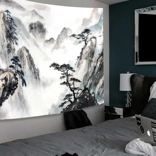 Miniatura 6 de Hjokiupt Tapiz japonés, pintura de paisaje asiático, tinta oriental, acuarela, árbol de montaña, decoración abstracta de dormitorio, tapiz
