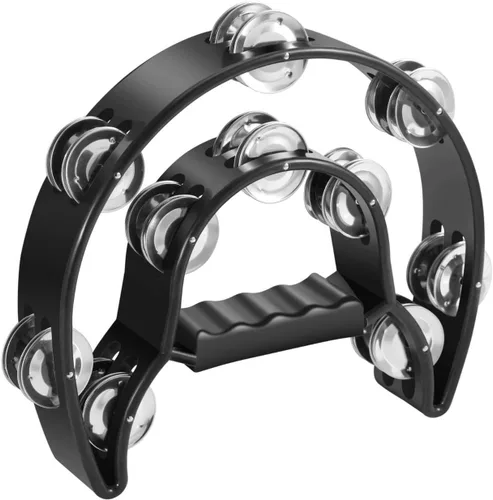 Miniatura 10 de Flexzion - Pandereta de metal en forma de media luna con sonajas de doble fila, instrumentos de percusión de mano con mango ergonómico, panderetas