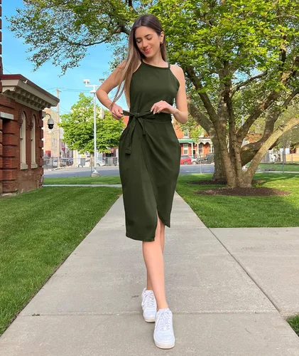Miniatura 2 de NOLLSOM Vestido casual sin mangas a rayas para mujer, vestido por debajo de la rodilla de verano con cuello halter, fruncido, entallado, con lazo