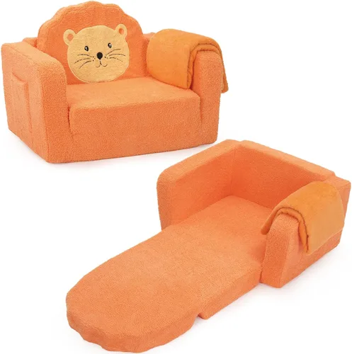 Miniatura 9 de Foryoomi Sofá para niños, sofá de bebé de 2 en 1 suave con manta plegable, silla cómoda, sofá de felpa convertible plegable, regalos para niños Oso
