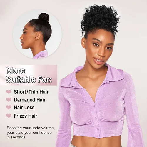 Miniatura 4 de Lommel - Extensiones de cabello estilo moño desordenado para mujer, 70g, con cordón elástico, ondas sueltas y rizadas, extensiones de cabello Marrón