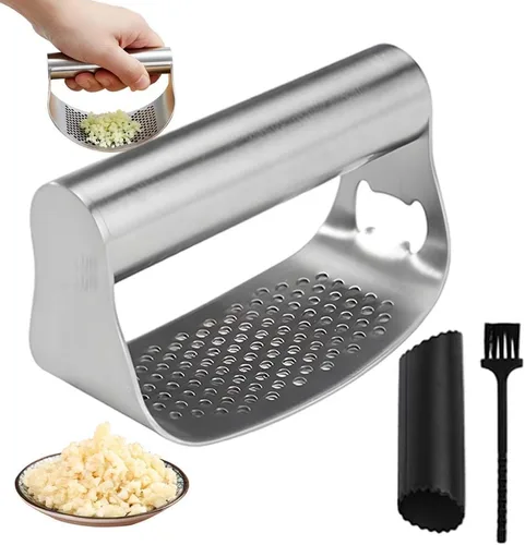 Miniatura 9 de Prensa de ajos de acero inoxidable, trituradora de ajo resistente, herramienta de prensa manual portátil con pelador y cepillo de limpieza, Sin