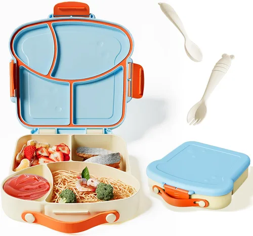 Lonchera Bento para niños, con 4 compartimentos en forma de tostada, contenedor de 31 onzas con taza de salsa y utensilios (a partir de 3 años), a