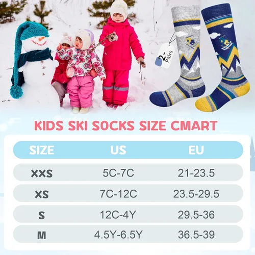 Miniatura 6 de unenow Calcetines de esquí de lana merino para niños, 2 pares, calcetines térmicos cálidos de invierno para niños y niñas pequeños