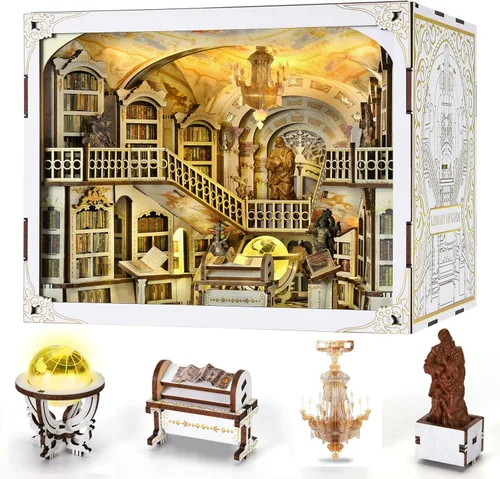 Miniatura 24 de MiniCity - Kit de manualidades para rincón de lectura, estantería de libros, inserto de estantería de madera, rompecabezas 3D, sujetalibros con luz