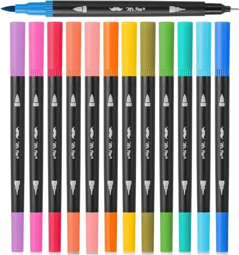 Mr. Pen - Bolígrafos de punta doble, 12 unidades, colores surtidos, marcadores finos y de punta de pincel para adultos marcadores de colorear para