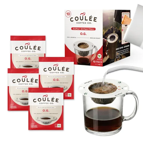 Miniatura 11 de Coulée EcoPour Coffee - Paquete variado de café para verter una sola porción, uso para acampar o viajar, compostable prellenado, todos los filtros