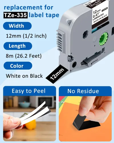 Miniatura 3 de RAEMALL - Reemplazo para Brother TZe-335 TZ-335, cinta adhesiva laminada P Touch de 12mm 0.47 pulgadas, blanco sobre negro, para Brother PT-D210
