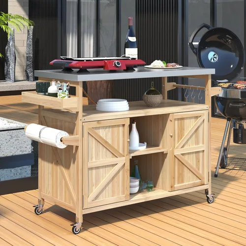 Miniatura 29 de Delicate Rolling Kitchen Island Cart with Rubber Wood Drop-Leaf Countertop and Lockable Rollers,Storage Cabinet and 2 Drawers,Sliding Barn Door