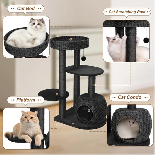 Miniatura 5 de KAMABOKO Árbol moderno para gatos, 39 pulgadas de alto para gatos de interior, condominio natural con postes rascadores, torre tejida a mano