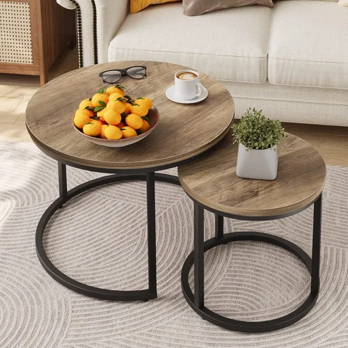 Smuxee - Juego de 2 mesas de café anidadas, mesa de centro redonda de 23.6" con tapa de grano de madera y pies ajustables antideslizantes, mesa Roble